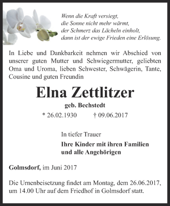 Traueranzeige von Elna Zettlitzer von Ostthüringer Zeitung, Thüringische Landeszeitung