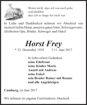 Traueranzeige von Horst Frey von Ostthüringer Zeitung, Thüringische Landeszeitung