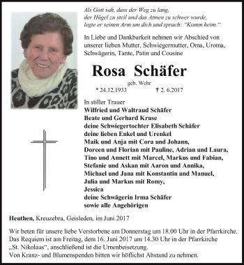 Traueranzeige von Rosa Schäfer von Thüringer Allgemeine