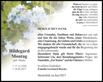 Traueranzeige von Hildegard Montag von Thüringer Allgemeine