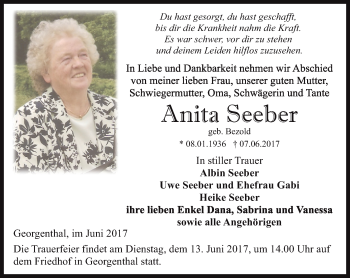 Traueranzeige von Anita Seeber von Ostthüringer Zeitung, Thüringische Landeszeitung