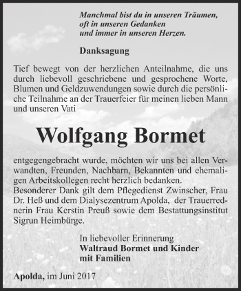 Traueranzeige von Wolfgang Bormet von Thüringer Allgemeine, Thüringische Landeszeitung