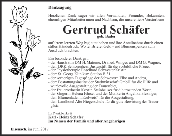 Traueranzeige von Gertrud Schäfer von Thüringer Allgemeine, Thüringische Landeszeitung