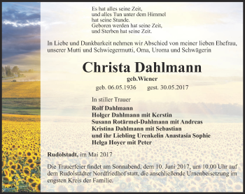 Traueranzeige von Christa Dahlmann von Ostthüringer Zeitung