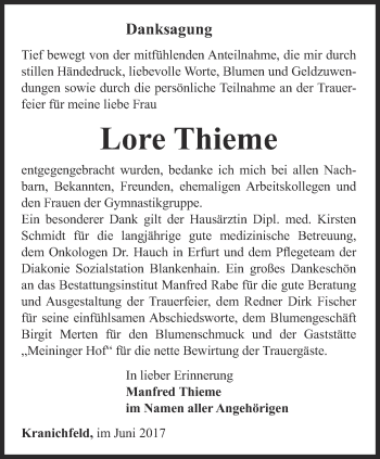 Traueranzeige von Lore Thieme von Thüringer Allgemeine, Thüringische Landeszeitung