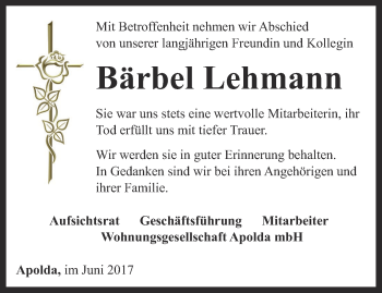 Traueranzeige von Bärbel Lehmann von Thüringer Allgemeine, Thüringische Landeszeitung