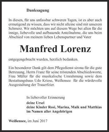 Traueranzeige von Manfred Lorenz von Thüringer Allgemeine