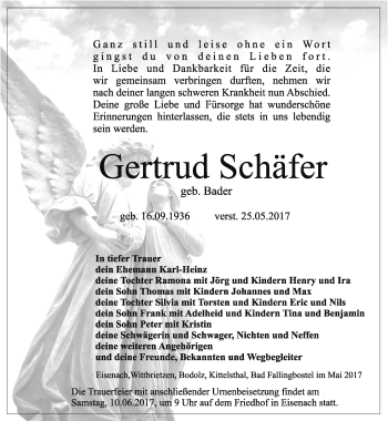 Traueranzeige von Gertrud Schäfer von Thüringer Allgemeine, Thüringische Landeszeitung