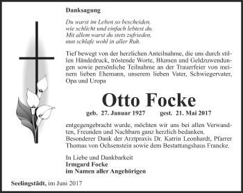 Traueranzeige von Otto Focke von Ostthüringer Zeitung