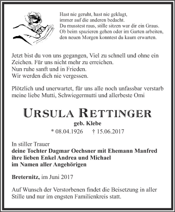 Traueranzeige von Ursula Rettinger von Ostthüringer Zeitung