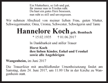 Traueranzeige von Hannelore Koch von Ostthüringer Zeitung, Thüringische Landeszeitung