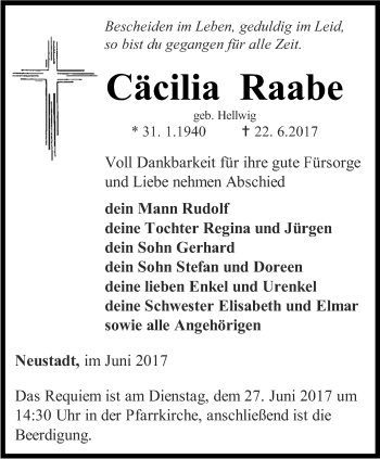 Traueranzeige von Cäcilia Raabe von Thüringer Allgemeine
