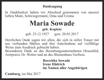 Traueranzeige von Maria Sowade von Ostthüringer Zeitung, Thüringische Landeszeitung