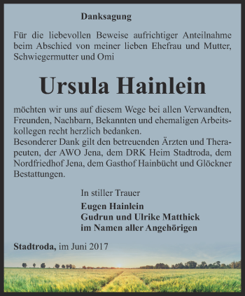 Traueranzeige von Ursula Hainlein von Ostthüringer Zeitung, Thüringische Landeszeitung