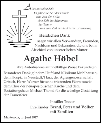 Traueranzeige von Agathe Höbel von Thüringer Allgemeine, Thüringische Landeszeitung