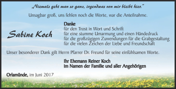 Traueranzeige von Sabine Koch von Ostthüringer Zeitung, Thüringische Landeszeitung