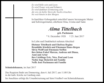 Traueranzeige von Alma Tittelbach von Thüringer Allgemeine, Thüringische Landeszeitung