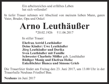 Traueranzeige von Arno Leuthäußer von Ostthüringer Zeitung