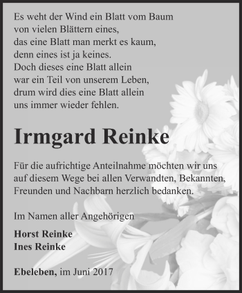 Traueranzeige von Irmgard Reinke von Thüringer Allgemeine