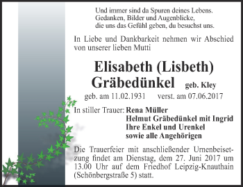 Traueranzeige von Elisabeth Gräbedünkel von Thüringer Allgemeine, Thüringische Landeszeitung