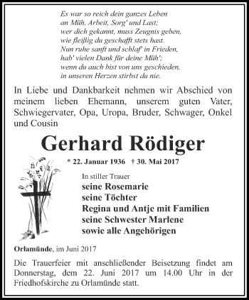 Traueranzeige von Gerhard Rödiger von Ostthüringer Zeitung, Thüringische Landeszeitung