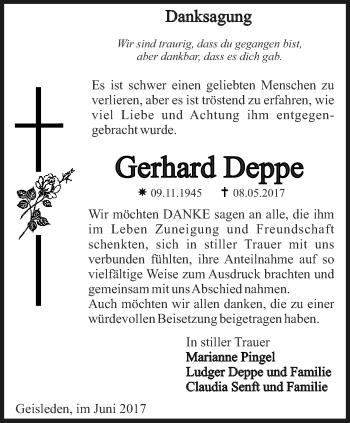 Traueranzeige von Gerhard Deppe von Thüringer Allgemeine