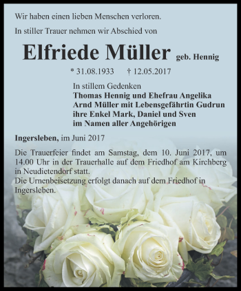 Traueranzeige von Elfriede Müller von Thüringer Allgemeine, Thüringische Landeszeitung