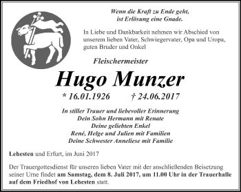 Traueranzeige von Hugo Munzer von Ostthüringer Zeitung