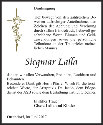 Traueranzeige von Siegmar Lalla von Ostthüringer Zeitung