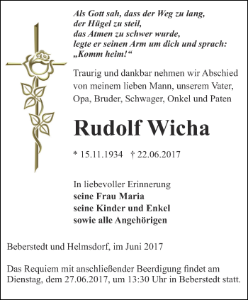 Traueranzeige von Rudolf Wicha von Thüringer Allgemeine, Thüringische Landeszeitung
