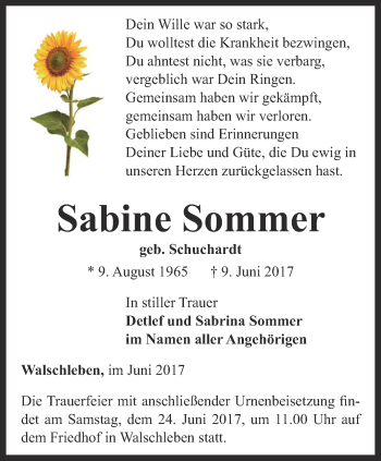 Traueranzeige von Sabine Sommer von Thüringer Allgemeine, Thüringische Landeszeitung