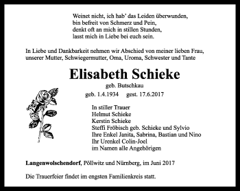 Traueranzeige von Elisabeth Schieke von Ostthüringer Zeitung