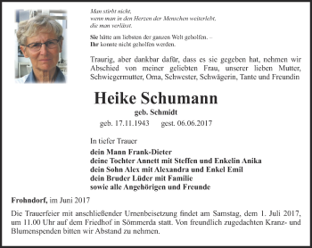 Traueranzeige von Heike Schumann von Thüringer Allgemeine