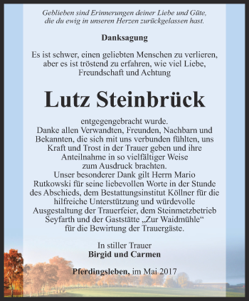 Traueranzeige von Lutz Steinbrück von Ostthüringer Zeitung, Thüringische Landeszeitung