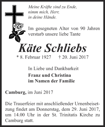 Traueranzeige von Käte Schliebs von Ostthüringer Zeitung, Thüringische Landeszeitung