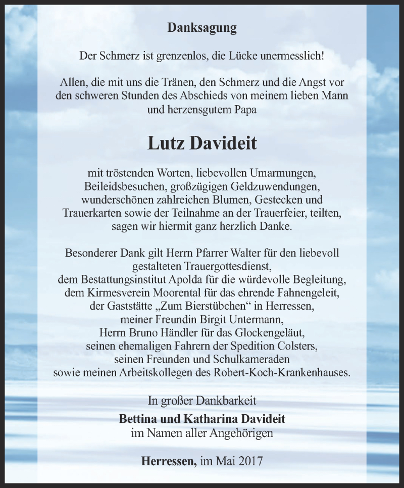  Traueranzeige für Lutz Davideit vom 03.06.2017 aus Thüringer Allgemeine, Thüringische Landeszeitung