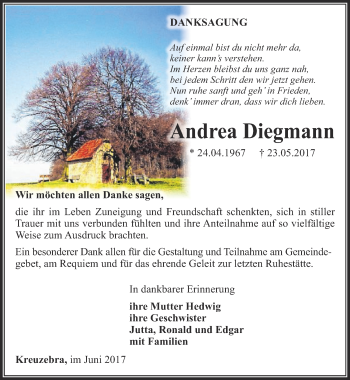 Traueranzeige von Andrea Diegmann von Thüringer Allgemeine