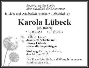 Traueranzeige von Karola Lübeck von Thüringer Allgemeine