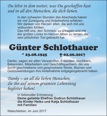 Traueranzeige von Günter Schlothauer von Thüringer Allgemeine, Thüringische Landeszeitung