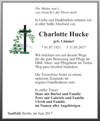 Traueranzeige von Charlotte Hucke von Ostthüringer Zeitung