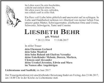 Traueranzeige von Liesbeth Behr