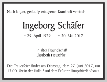 Traueranzeige von Ingeborg Schäfer von Thüringer Allgemeine, Thüringische Landeszeitung