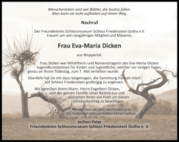 Traueranzeige von Eva-Maria Dicken von Ostthüringer Zeitung, Thüringische Landeszeitung