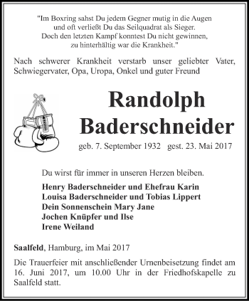 Traueranzeige von Randolph Baderschneider von Ostthüringer Zeitung