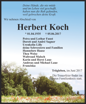 Traueranzeige von Herbert Koch von Ostthüringer Zeitung, Thüringische Landeszeitung