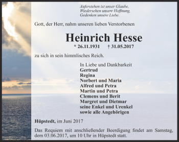 Traueranzeige von Heinrich Hesse von Thüringer Allgemeine, Thüringische Landeszeitung