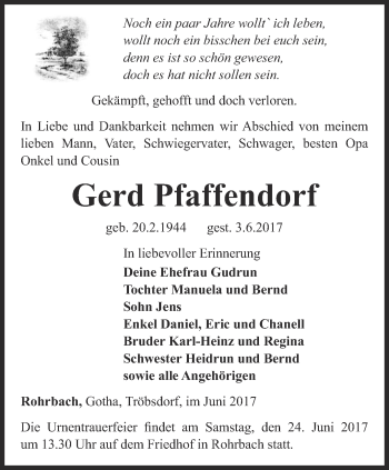 Traueranzeige von Gerd Pfaffendorf von Thüringer Allgemeine, Thüringische Landeszeitung