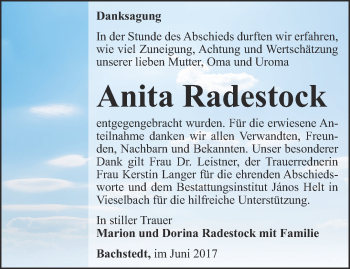 Traueranzeige von Anita Radestock von Thüringer Allgemeine, Thüringische Landeszeitung