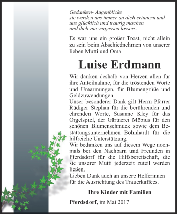 Traueranzeige von Luise Erdmann von Thüringer Allgemeine, Thüringische Landeszeitung