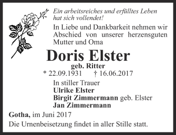 Traueranzeige von Doris Elster von Ostthüringer Zeitung, Thüringische Landeszeitung